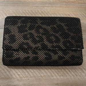Black and Gold Beaded Clutch with Leopard Pattern, Detachable Chain